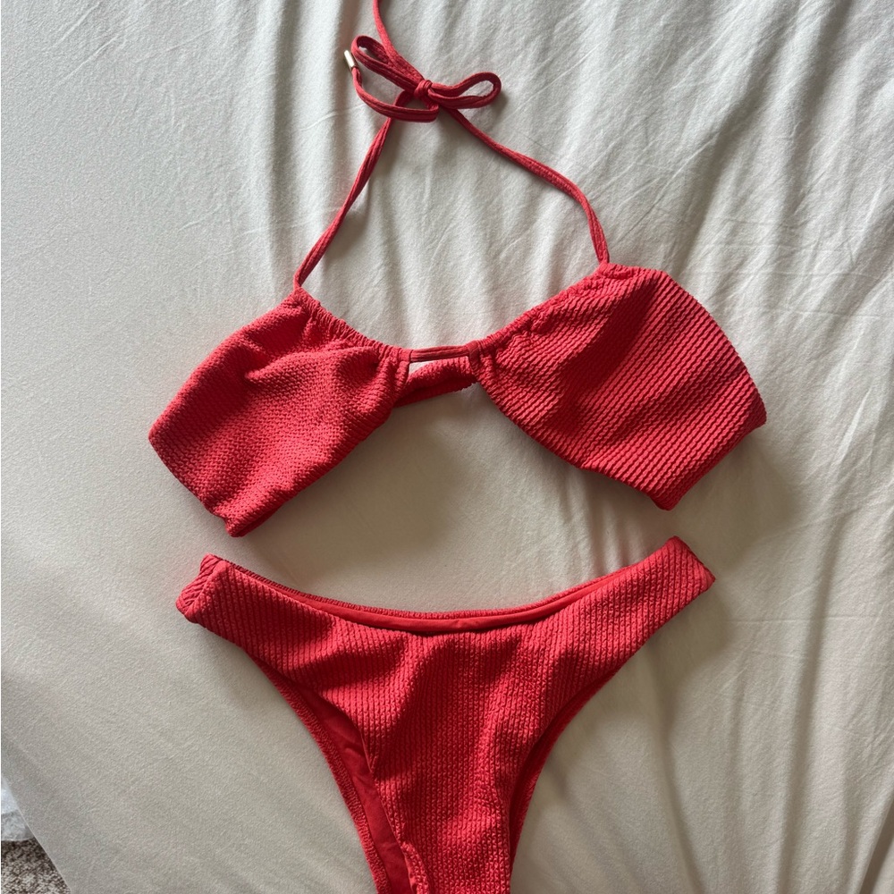Monday Swimwear Red Textured Bandeau Bikini